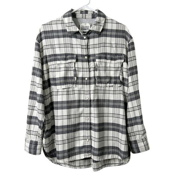 American Eagle Shirt Womens Small Cream Flannel Plaid Snap Button Oversized - Picture 1 of 12